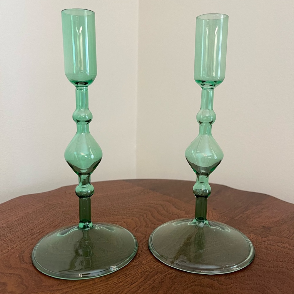 Poketo Glass Candlestick Holder set of 2. New in Box.